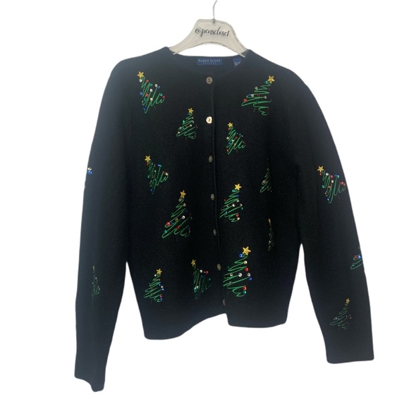 Vintage Sweaters - Vintage 80’s Wool Christmas Tree Embellished Black Cardigan Sweater Large